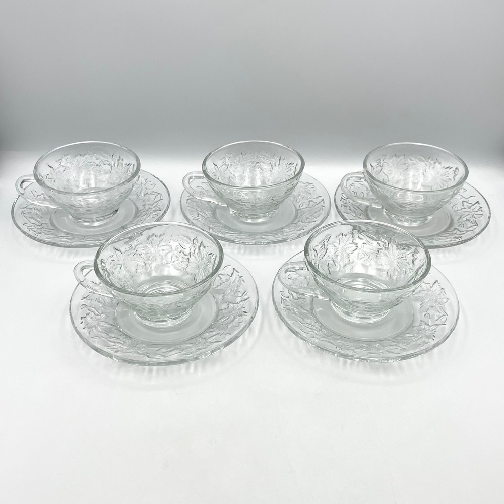 Princess House Fantasia Crystal Cup & Saucer Clear Poinsettia Set of 5 Teacup